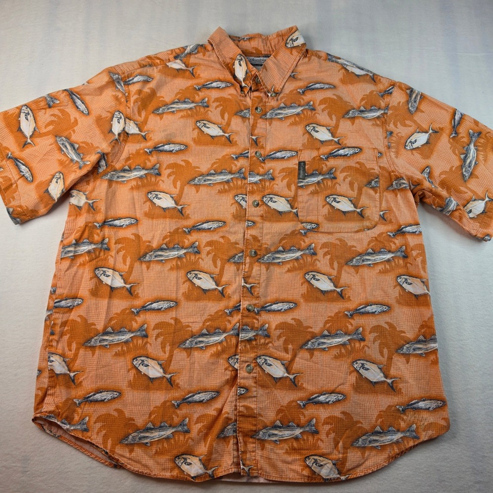 Columbia Button Down Shirt Mens XXL Orange Fish Print Short Sleeve Cotton PFG